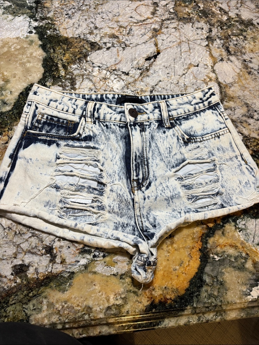 Forever 21 Acid-Wash Distressed Jean Shorts - White/Blue